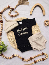 Load image into Gallery viewer, Personalized Baby Boy Outfit | Black Bodysuit Beige Custom Baby Name - Jackson James Hudson
