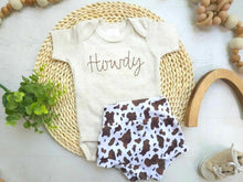 Load image into Gallery viewer, Baby Boy Cowboy Outfit | Oatmeal Bodysuit Howdy Cow Print Bummies
