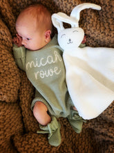 Load image into Gallery viewer, Personalized Baby Boy Outfit | Sweater Bubble Romper Beige Sage Navy Blue Baby Name
