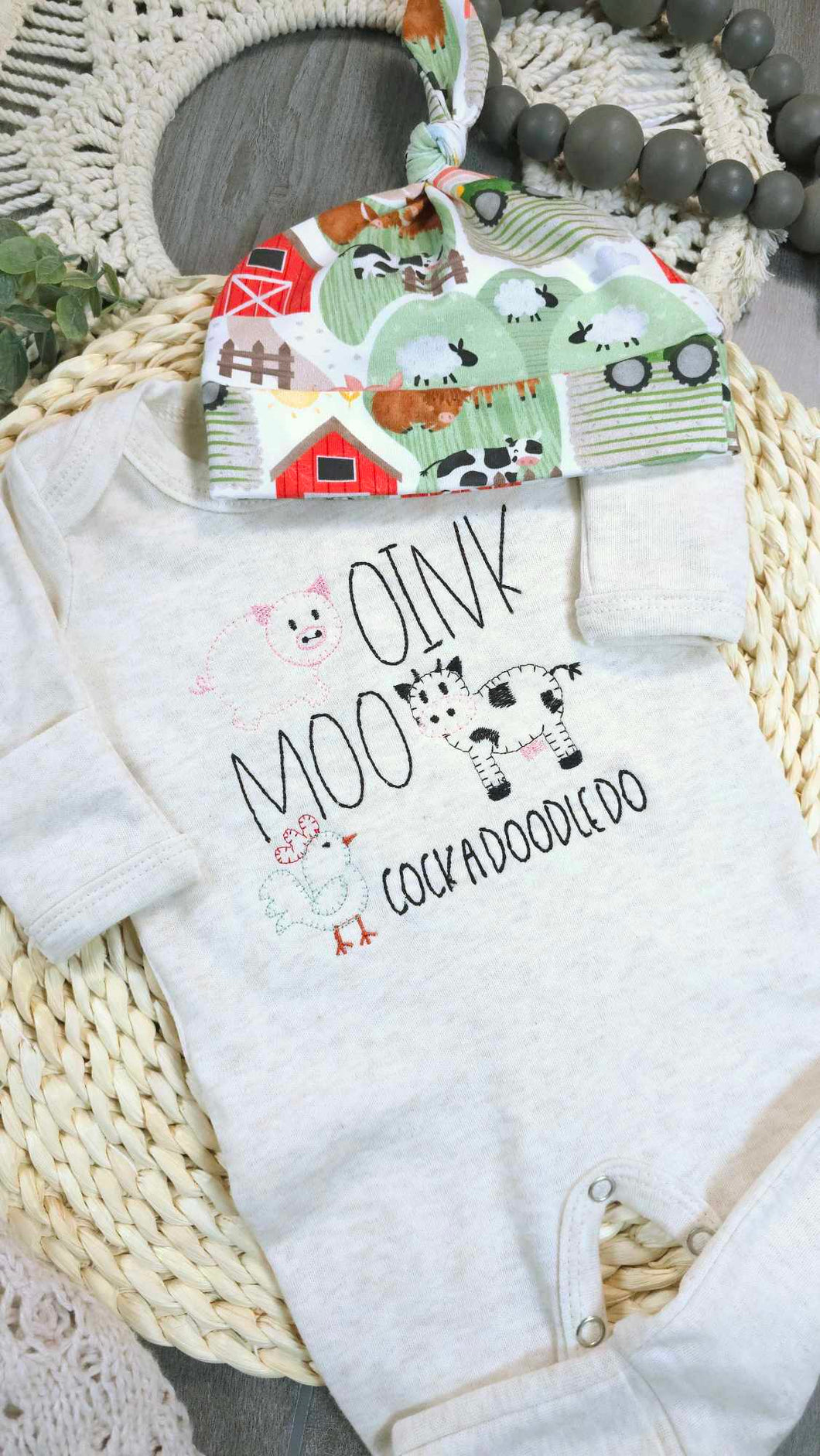 Farm Baby Outfit | Oatmeal Romper Oink Moo Cock-A-Doodle-Doo