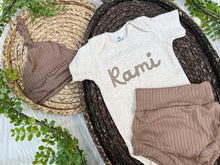 Load image into Gallery viewer, Personalized Baby Boy Outfit | Oatmeal Bodysuit Chocolate Brown Baby Name
