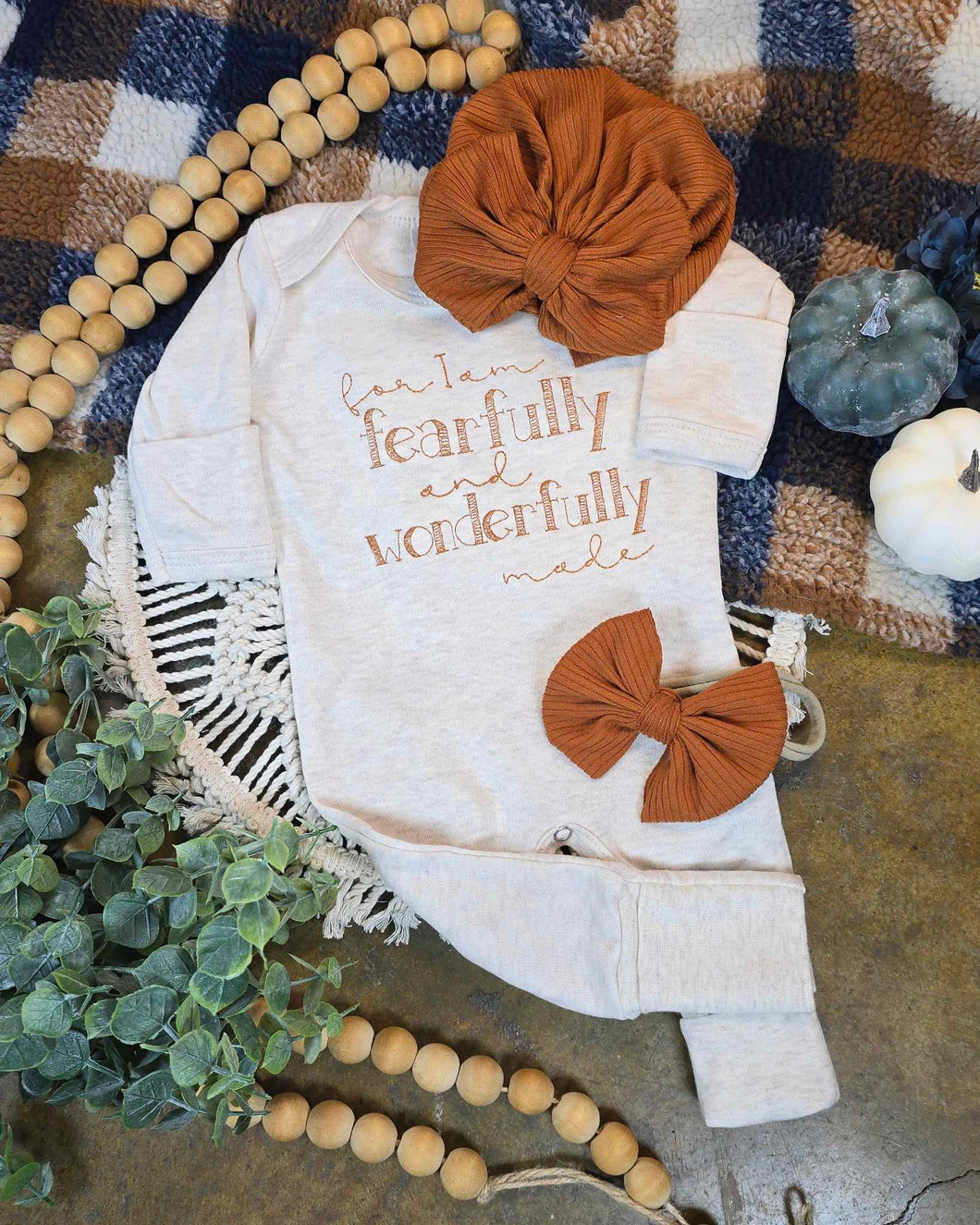 Personalized Newborn Baby Outfit | I Am Wonderfully Fearfully Made Oatmeal Romper Rust