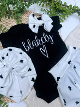 Load image into Gallery viewer, Personalized Baby Girl Outfit | Black Bodysuit Hearts Skirt White Baby Name
