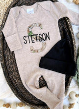 Load image into Gallery viewer, Personalized Baby Boy Name Outfit | Mocha Brown Romper Camo Initial - Stetson Hunter
