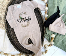 Load image into Gallery viewer, Personalized Baby Boy Name Outfit | Mocha Brown Romper Camo Initial - Stetson Hunter
