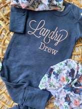 Load image into Gallery viewer, Baby Girl Outfit | Navy Romper - Pink White Blue Floral Baby Name
