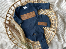 Load image into Gallery viewer, Personalized Baby Boy Outfit | Navy Romper - Leather Patch Style Baby Name
