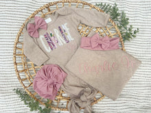 Load image into Gallery viewer, Personalized Baby Girl Outfit | Mocha Brown Baby Tie Gown Purple Pink Baby Name
