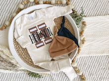 Load image into Gallery viewer, Personalized Baby Boy Name Outfit | Oatmeal Beige Romper Football Brown Big Initial
