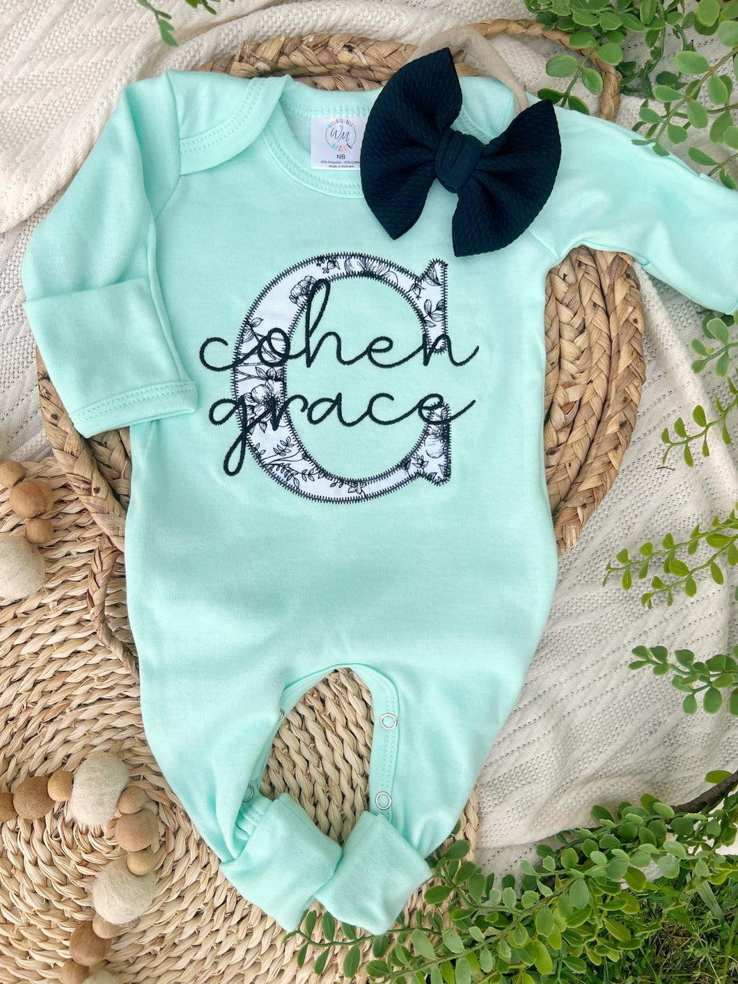 Personalized Baby Girl Outfit | Mint Romper White Black Floral Baby Name