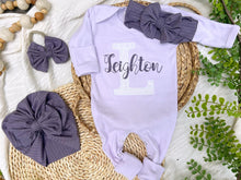 Load image into Gallery viewer, Personalized Baby Girl Outfit | Purple Romper White Lace Initial Purple Baby Name
