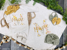 Load image into Gallery viewer, Personalized Baby Girl Outfit | Oatmeal Romper Vintage Golden Yellow Floral Baby Name
