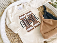 Load image into Gallery viewer, Personalized Baby Boy Name Outfit | Oatmeal Beige Romper Football Brown Big Initial
