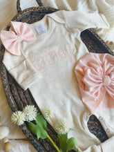 Load image into Gallery viewer, Personalized Baby Girl Outfit | Oatmeal Beige Romper Blush Pink Chunky Chain Stitch Baby Name - Lainey
