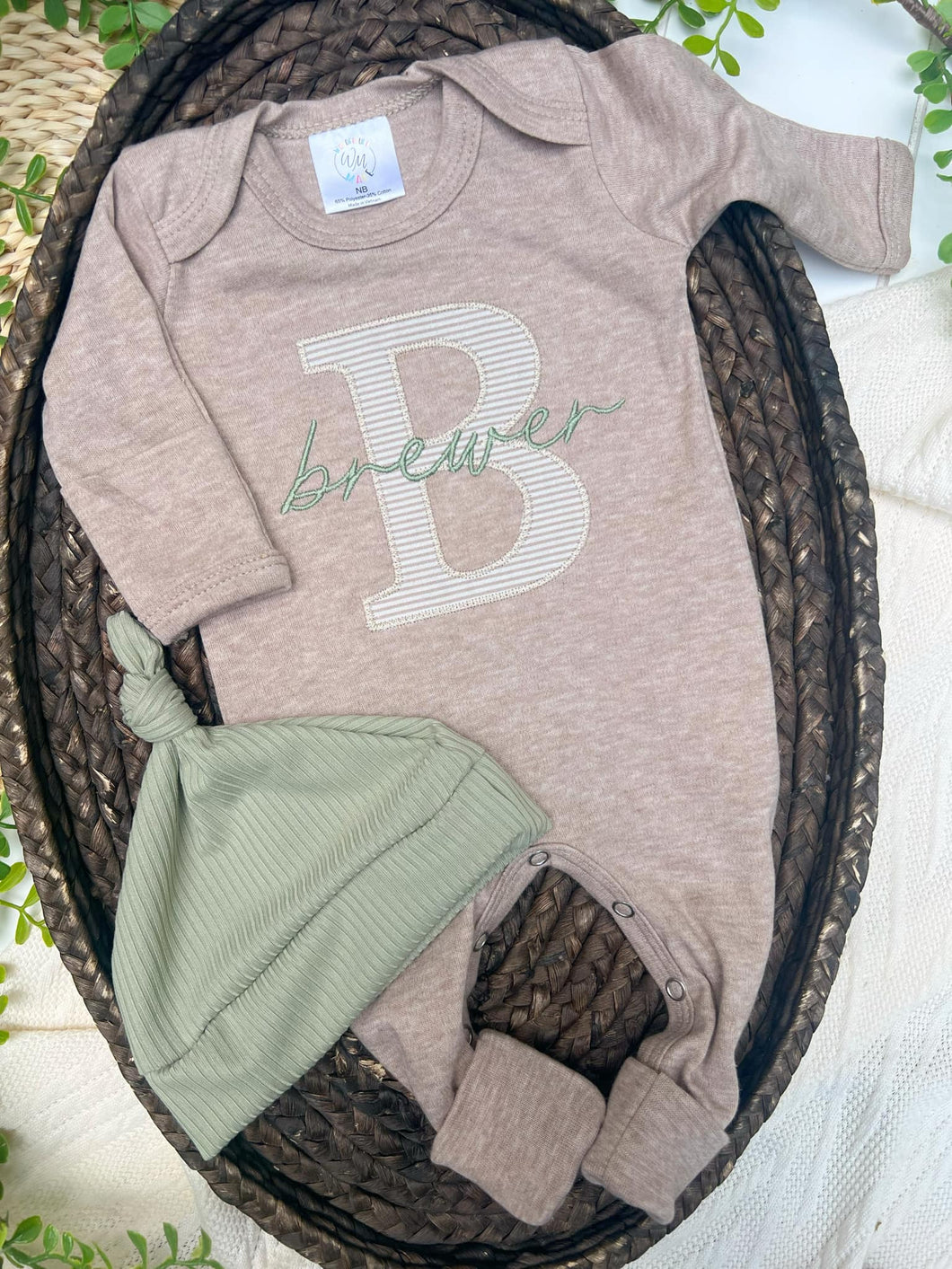 Personalized Baby Boy Newborn Outfit | Mocha Brown Romper Big Letter Beige Stripe Green Baby Name