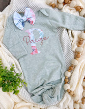 Load image into Gallery viewer, Personalized Baby Girl Outfit | Sage Knotted Gown Floral Pink Green - Paige
