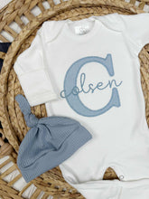 Load image into Gallery viewer, Personalized Newborn Baby Boy Outfit | White Romper Gray Baby Name

