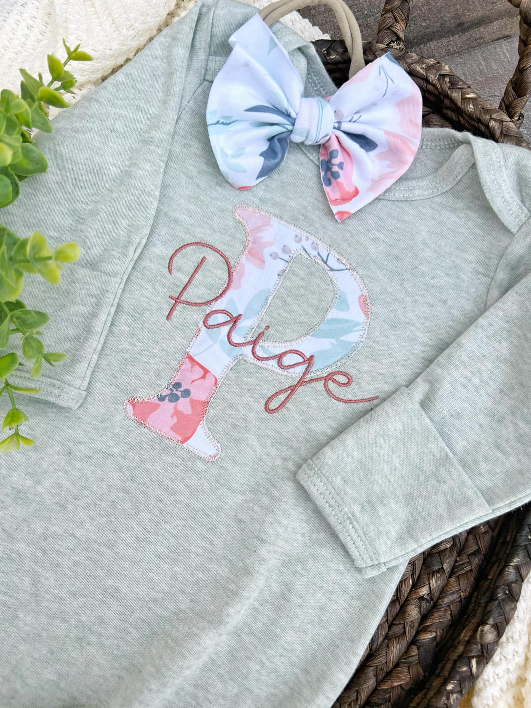 Personalized Baby Girl Outfit | Sage Knotted Gown Floral Pink Green - Paige