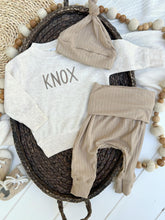 Load image into Gallery viewer, Personalized Baby Name Sweatshirt Set | Oatmeal Pullover Taupe Pants - Knox
