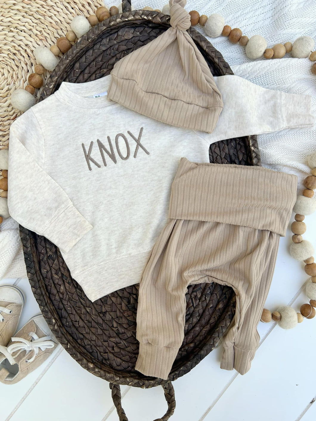 Personalized Baby Name Sweatshirt Set | Oatmeal Pullover Taupe Pants - Knox