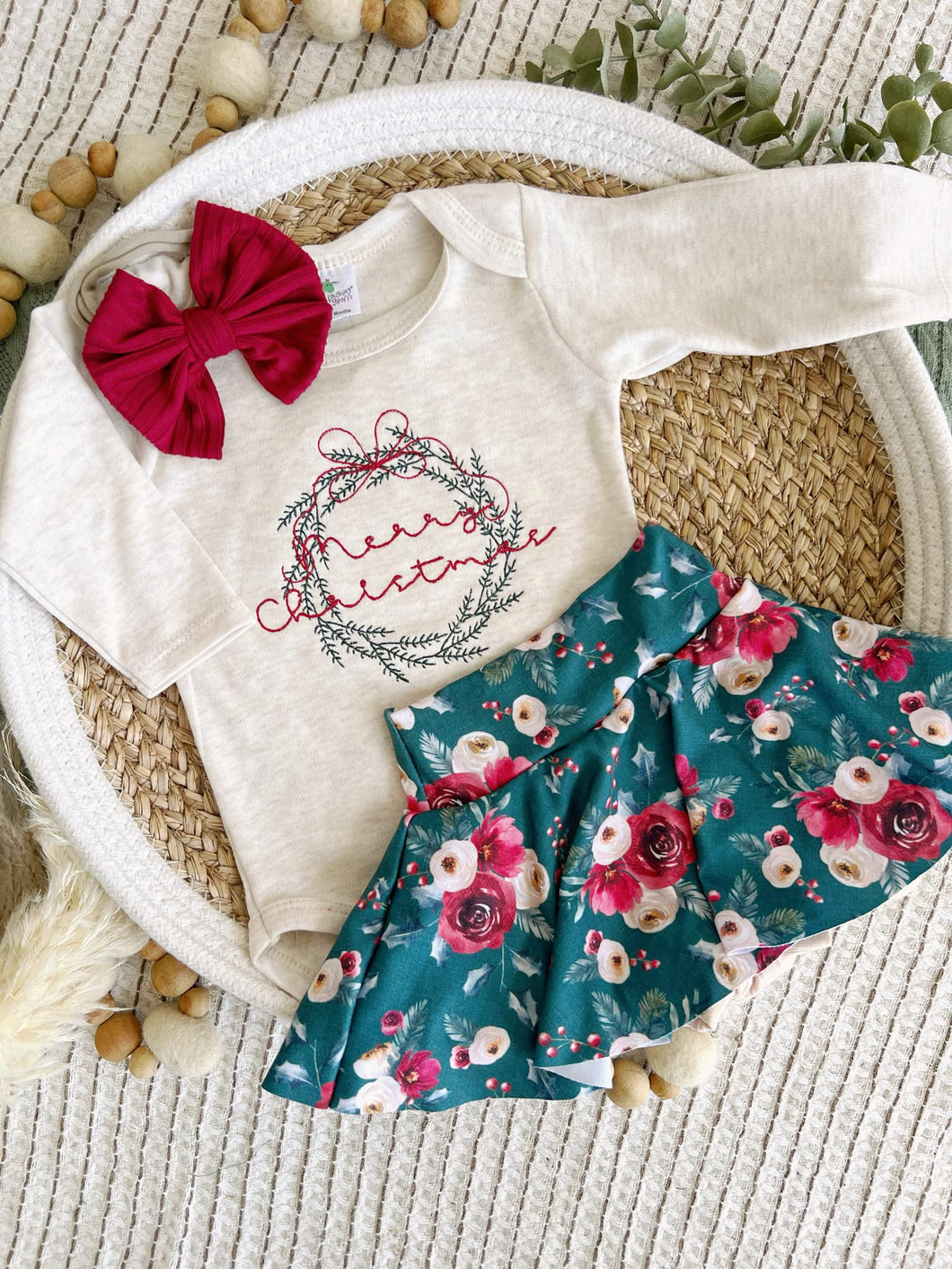 Baby's First Christmas Girl Outfit | Oatmeal Bodysuit Christmas Floral Skirt - Merry Christmas