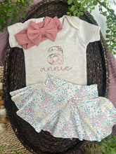 Load image into Gallery viewer, Personalized Baby Girl Outfit | Oatmeal Bodysuit Small Flowers Skirt Pink Baby Name
