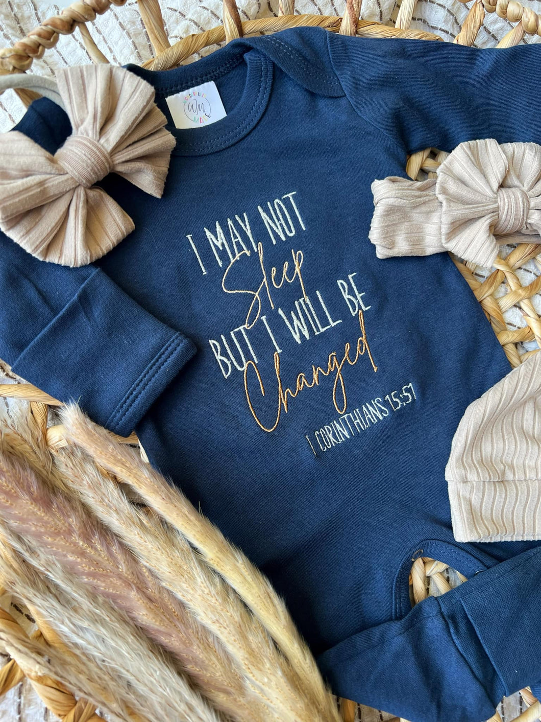 Baby Girl Outfit | Navy Romper - Funny Christian I May Not Sleep But I Will Be Changed