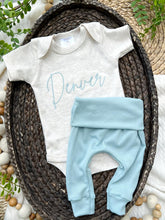 Load image into Gallery viewer, Personalized Baby Boy Outfit | Oatmeal Beige Bodysuit Soft Blue Custom Baby Name
