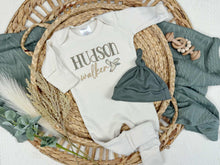 Load image into Gallery viewer, Personalized Baby Boy Newborn Outfit | Natural Oatmeal Romper Duck Baby Boy Name
