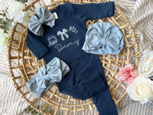 Load image into Gallery viewer, Baby Girl Outfit | Navy Romper - Country Cottage Style Blueberries Baby Name
