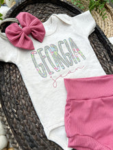 Load image into Gallery viewer, Personalized Baby Girl Outfit | Oatmeal Beige Bodysuit Floral Pink Blue Baby Name
