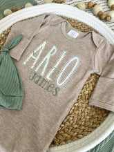 Load image into Gallery viewer, Personalized Baby Boy Outfit | Mocha Brown Knotted Gown Green Orange Custom Baby Name
