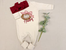 Load image into Gallery viewer, Baby Girl Football Outfit &amp; Bow | Personalized Baby Game Day Romper
