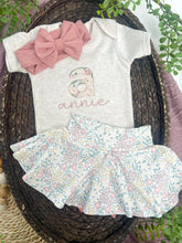 Load image into Gallery viewer, Personalized Baby Girl Outfit | Oatmeal Bodysuit Small Flowers Skirt Pink Baby Name
