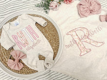 Load image into Gallery viewer, Personalized Baby Girl Outfit | Oatmeal Romper Pink Cream Custom Baby Name
