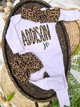 Load image into Gallery viewer, Personalized Baby Girl Outfit | Purple Romper Leopard Print Baby Name
