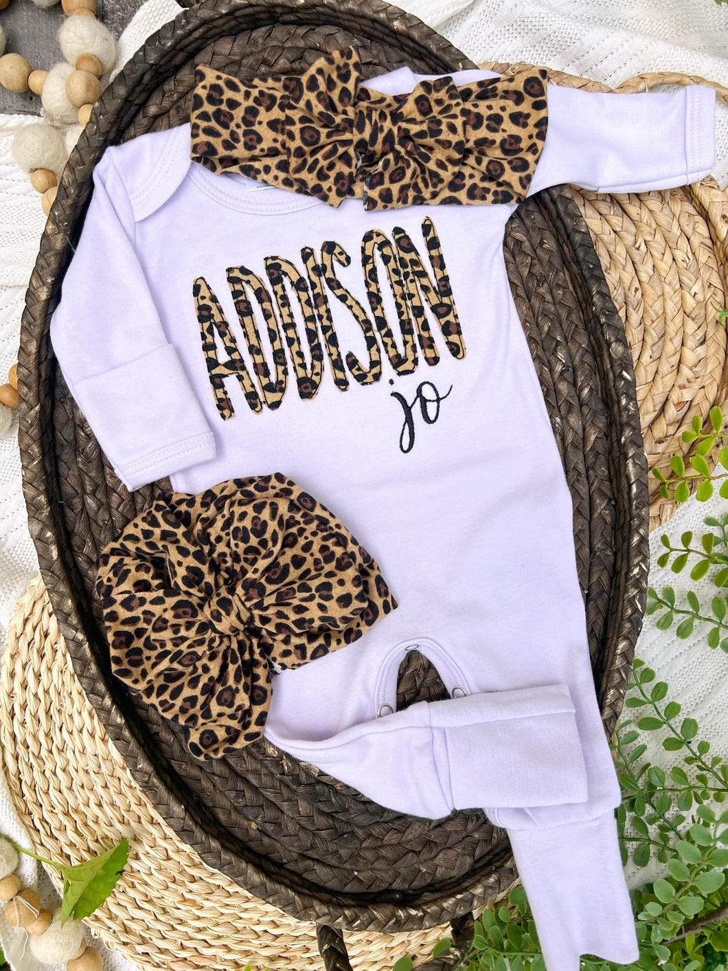 Personalized Baby Girl Outfit | Purple Romper Leopard Print Baby Name
