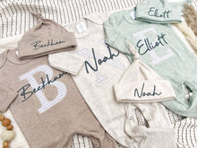 Load image into Gallery viewer, Personalized Baby Boy Outfit | Oatmeal, Sage, Mocha Romper Beige Stripe Initial Baby Name
