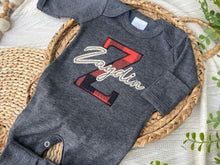 Load image into Gallery viewer, Personalized Baby Boy Name Outfit | Charcoal Gray Romper Red Buffalo Plaid Initial Tan Felt Name
