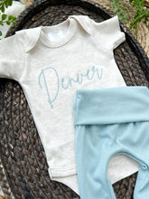 Load image into Gallery viewer, Personalized Baby Boy Outfit | Oatmeal Beige Bodysuit Soft Blue Custom Baby Name
