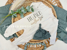 Load image into Gallery viewer, Personalized Baby Boy Newborn Outfit | Natural Oatmeal Romper Duck Baby Boy Name
