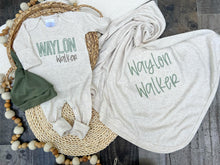 Load image into Gallery viewer, Personalized Baby Boy Outfit | Oatmeal Romper Olive Green And Taupe Baby Name
