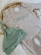 Load image into Gallery viewer, Personalized Newborn Baby Boy Outfit | Mocha Romper Dark Sage Green Chunky Chain Baby Name - Cooper
