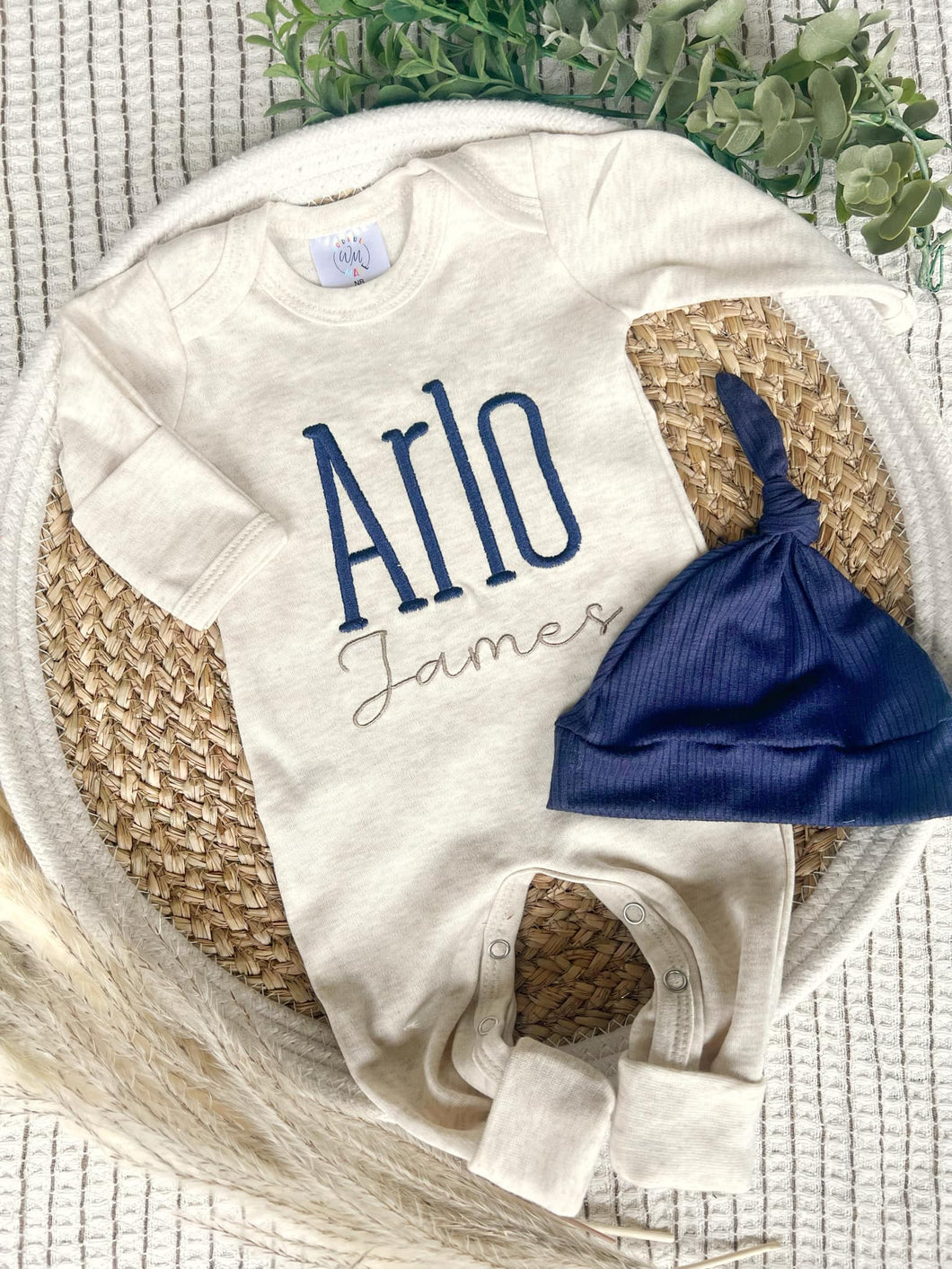 Personalized Baby Boy Outfit | Oatmeal Beige Romper Navy Blue Baby Name