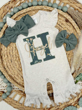 Load image into Gallery viewer, Personalized Baby Girl Outfit | Oatmeal Flutter Sleeve Ruffle Romper Floral Green Baby Name

