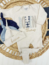 Load image into Gallery viewer, Personalized Baby Boy Outfit | Oatmeal Romper Blue Beige Plaid Neutral Baby Name
