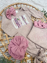 Load image into Gallery viewer, Personalized Baby Girl Outfit | Mocha Brown Baby Tie Gown Purple Pink Baby Name
