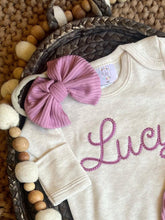 Load image into Gallery viewer, Personalized Baby Girl Outfit | Oatmeal Beige Romper Ellison Purple Chunky Chain Stitch Baby Name - Lucy
