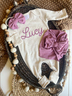 Personalized Baby Girl Outfit | Oatmeal Beige Romper Ellison Purple Chunky Chain Stitch