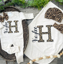 Load image into Gallery viewer, Personalized Baby Girl Outfit Oatmeal Romper With Leopard Big Initial Black Baby Name - style:  oatmealleopard
